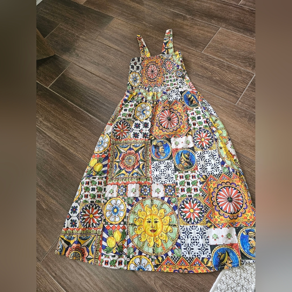 SPIGHE DI LINO SICILY TILE SUN DRESS LINEN SZ M